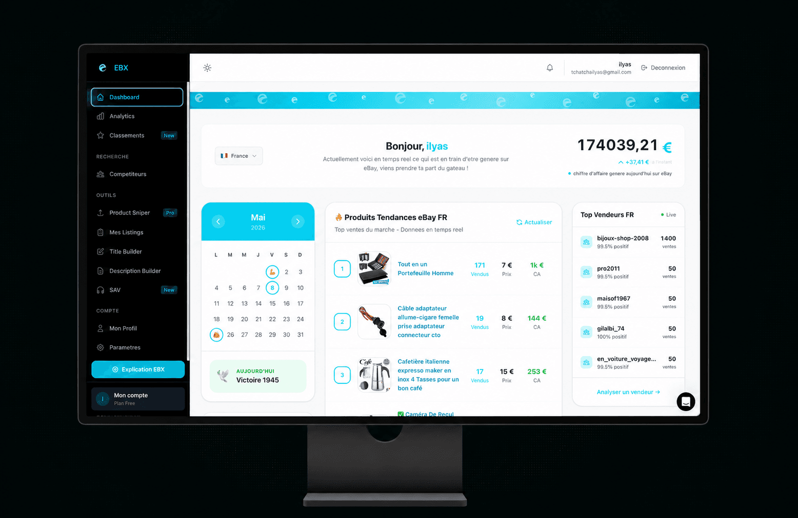 Dashboard EBX — vue du tableau de bord avec analytics, classements et top vendeurs
