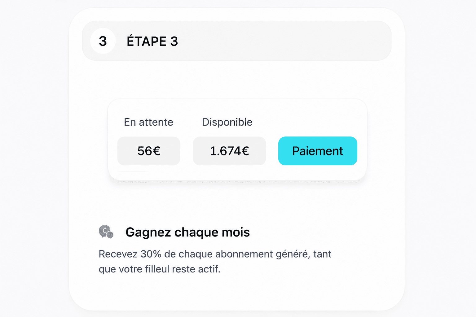 Étape 3 — Encaissez 30 % de chaque abonnement chaque mois
